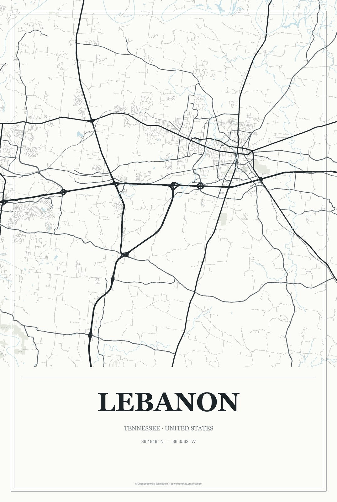 Lebanon, Tennessee City Map Aluminum Sign in Gallery Air style
