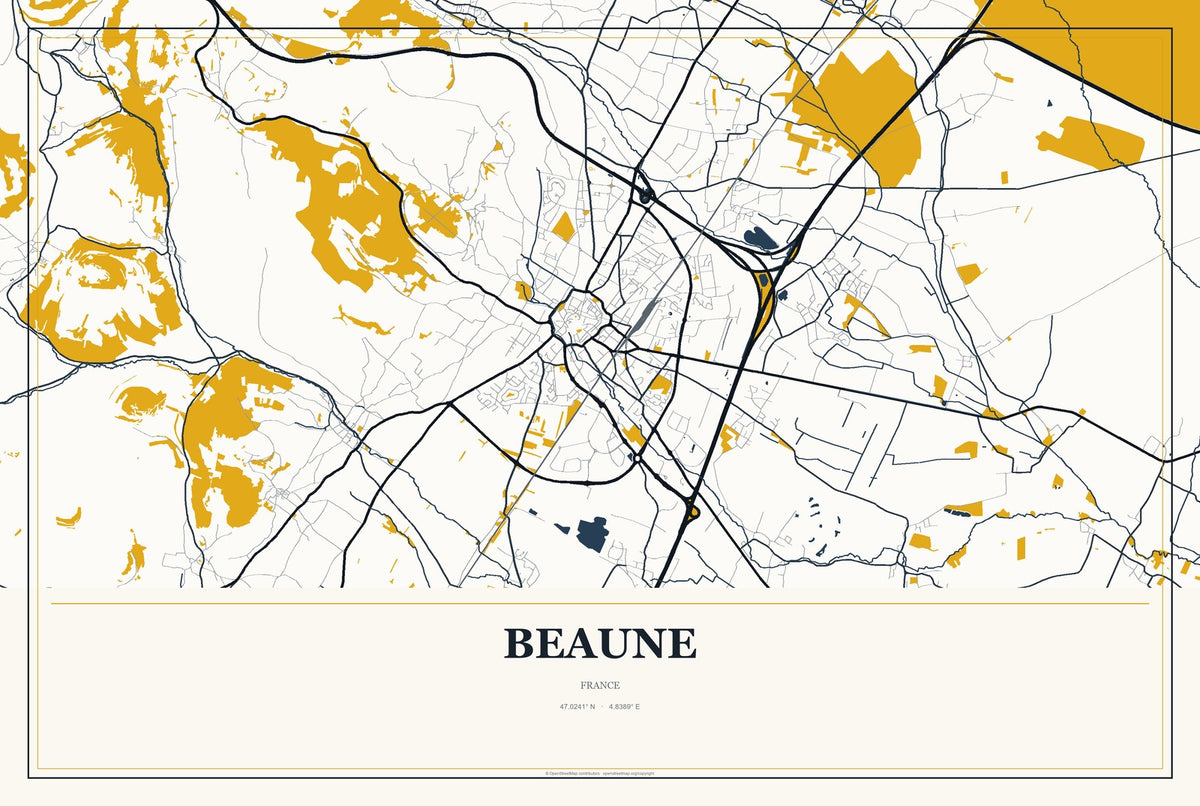 Beaune, France City Map Aluminum Sign in Citrine Modern style