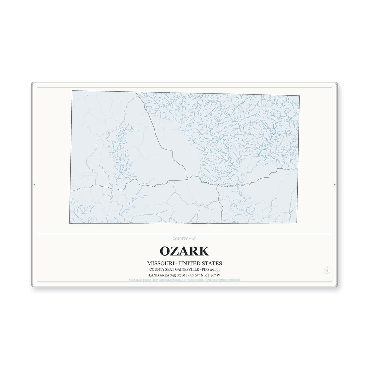 Ozark County, Missouri Map Aluminum Sign in Gallery Air style