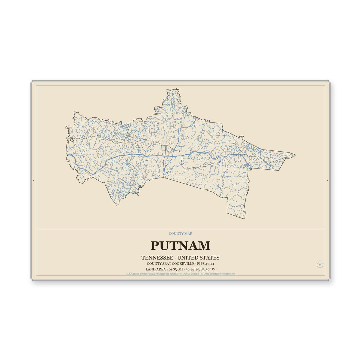 Putnam County, Tennessee Map Aluminum Sign in Heritage Nautical style
