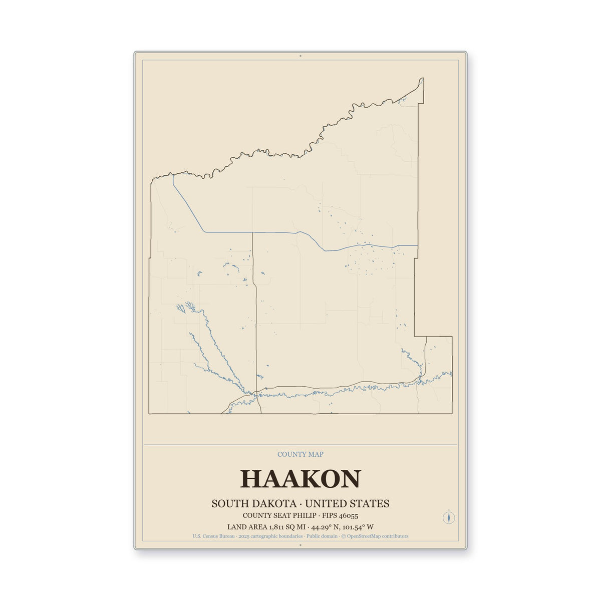 Haakon County, South Dakota Map Aluminum Sign in Heritage Nautical style