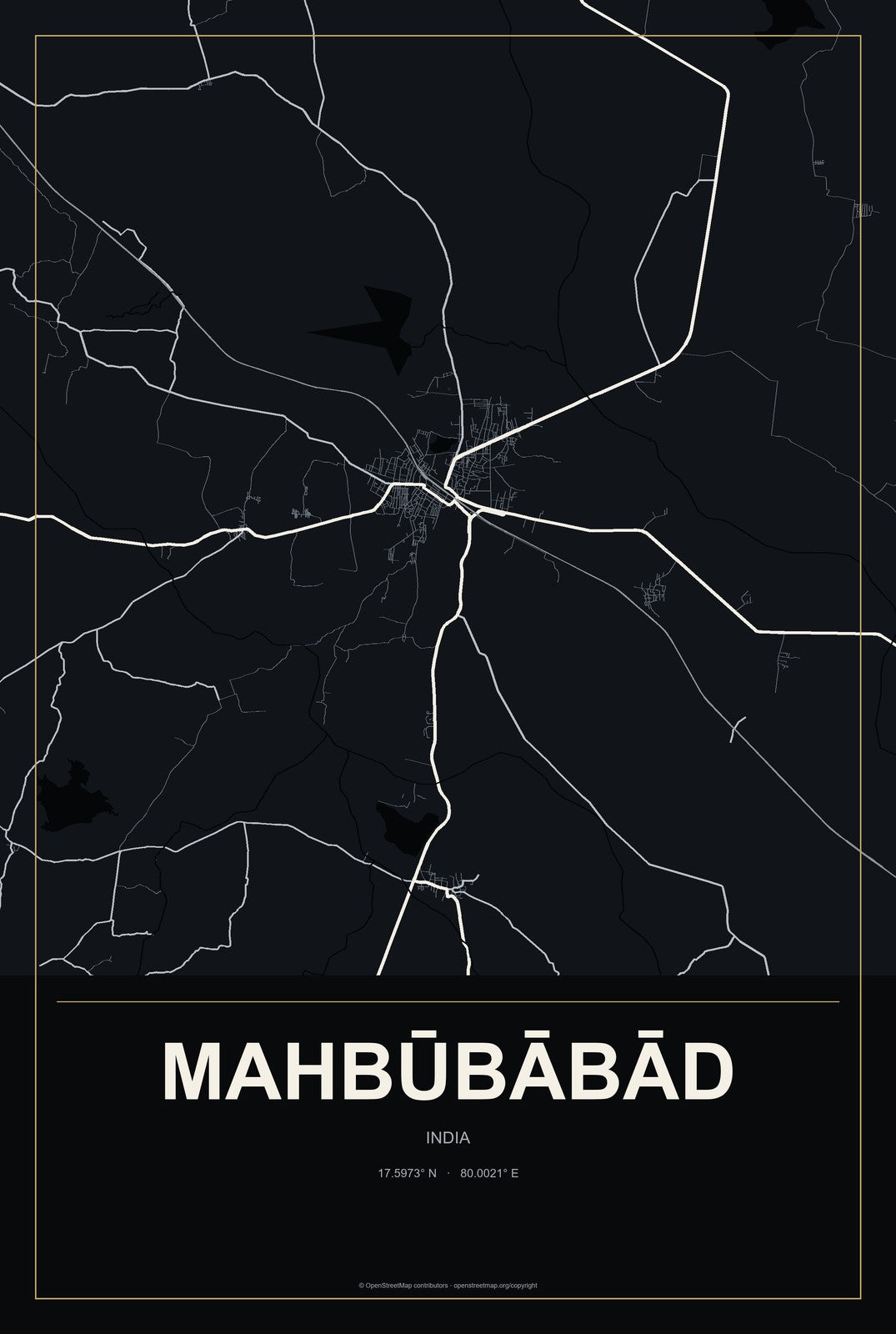 Mahbūbābād, India City Map Aluminum Sign in Metropolitan Noir style