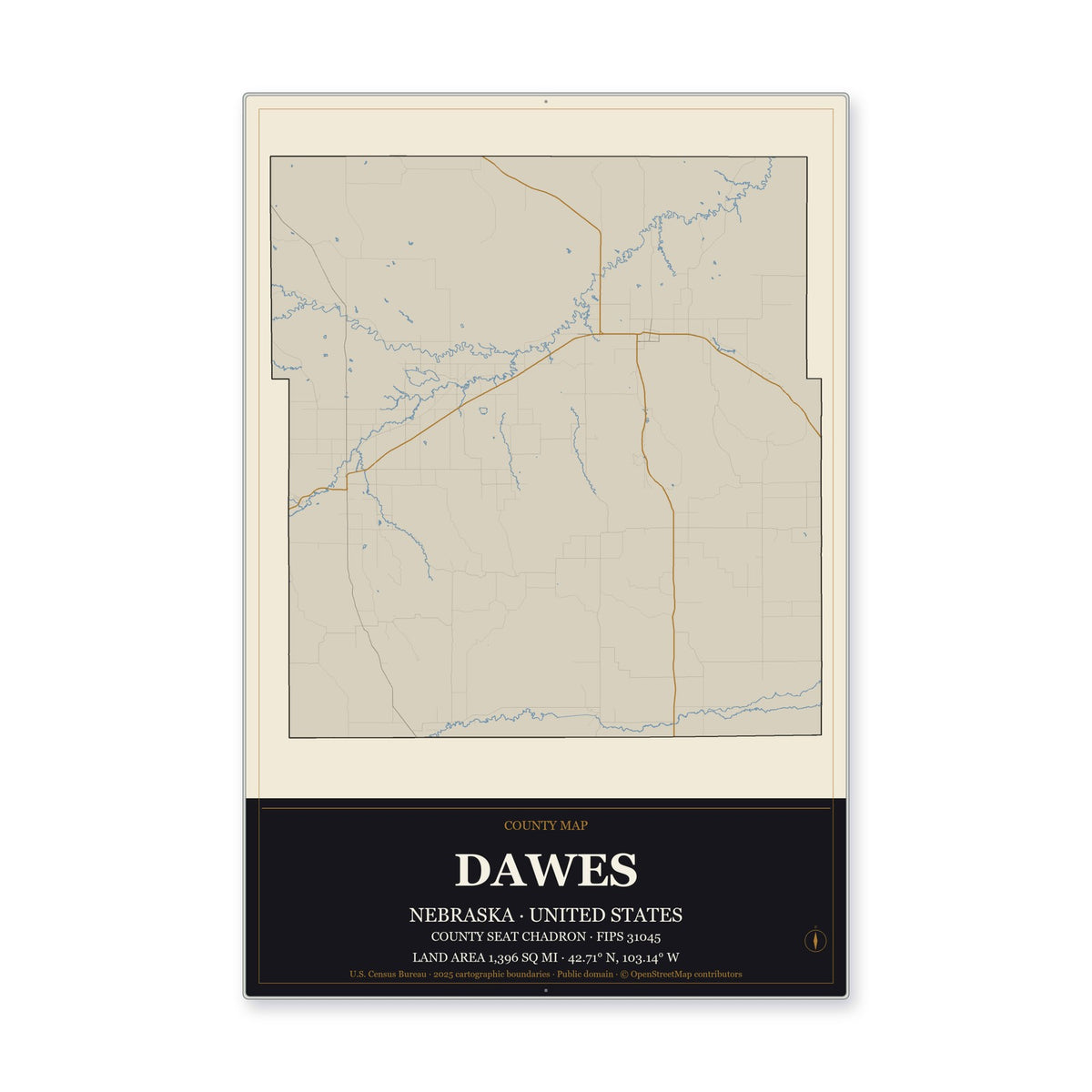 Dawes County, Nebraska Map Aluminum Sign in Museum Plaque style