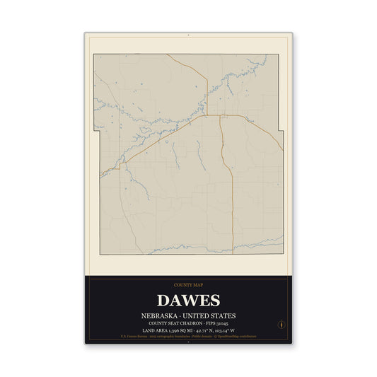 Dawes County, Nebraska Map Aluminum Sign in Museum Plaque style
