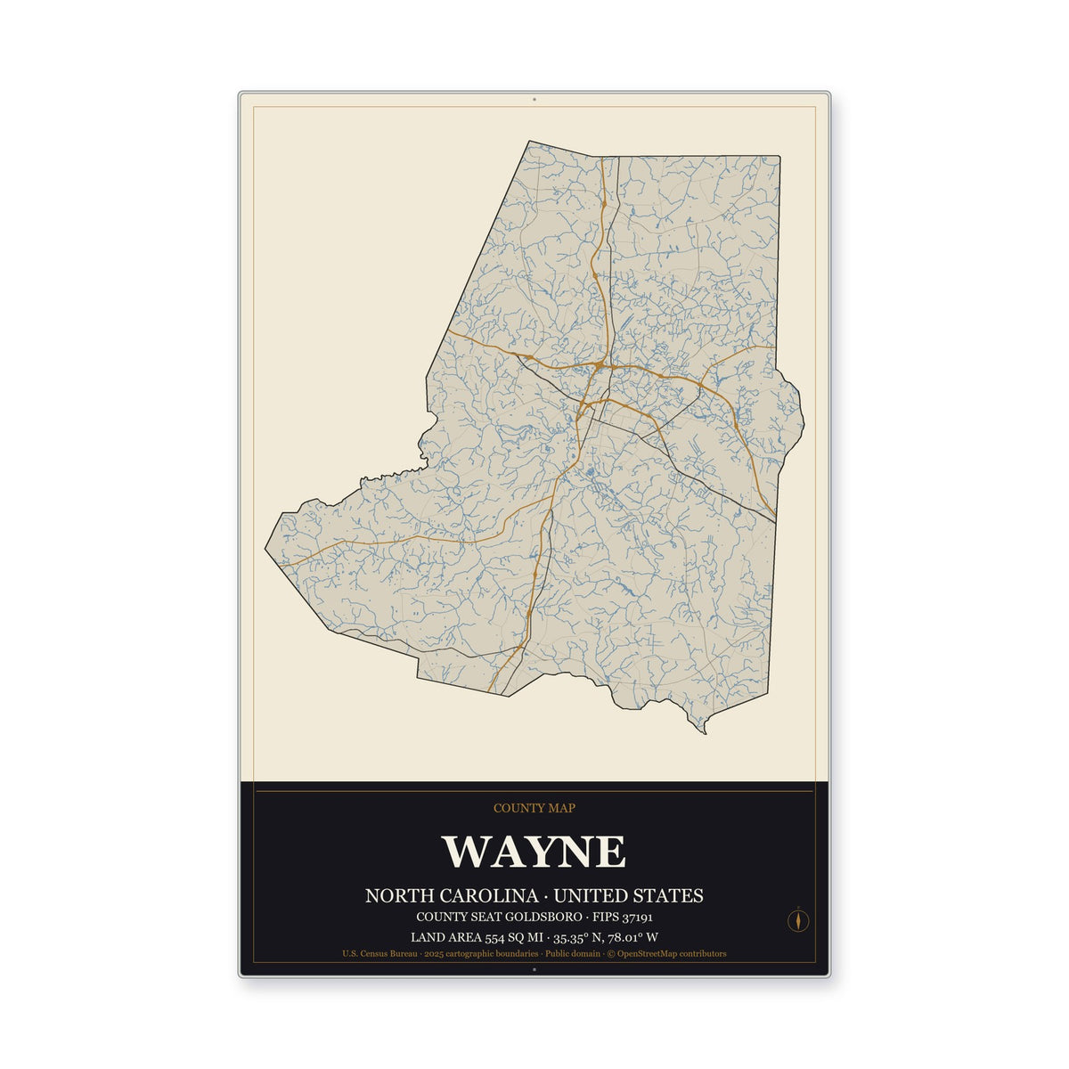 Wayne County, North Carolina Map Aluminum Sign in Museum Plaque style