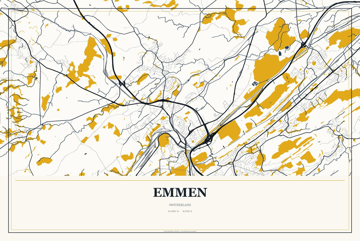 Emmen, Switzerland City Map Aluminum Sign in Citrine Modern style