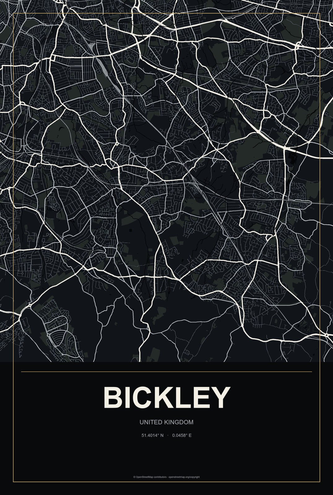 Bickley, United Kingdom City Map Aluminum Sign in Metropolitan Noir style