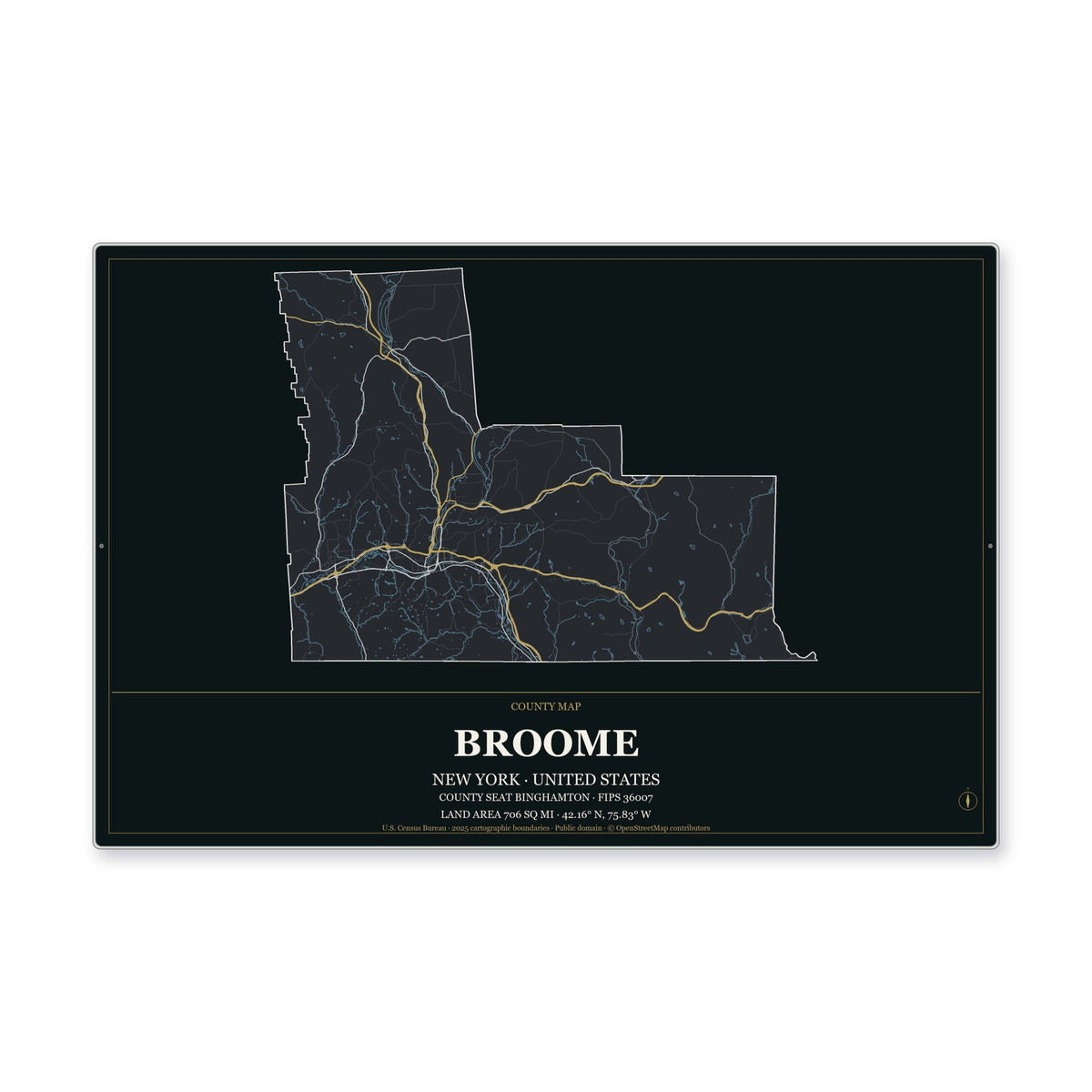 Broome County, New York Map Aluminum Sign in Metropolitan Noir style