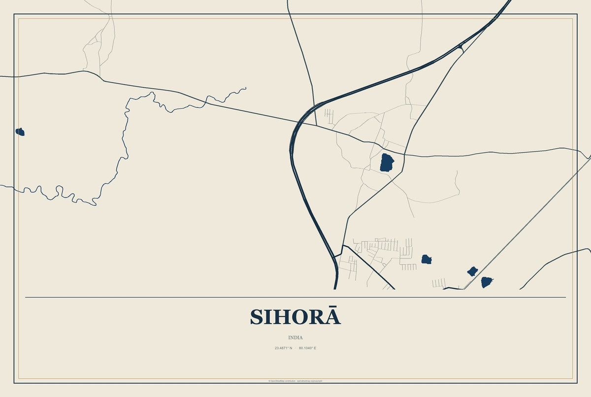 Sihorā, India City Map Aluminum Sign in Coastal Cutout style