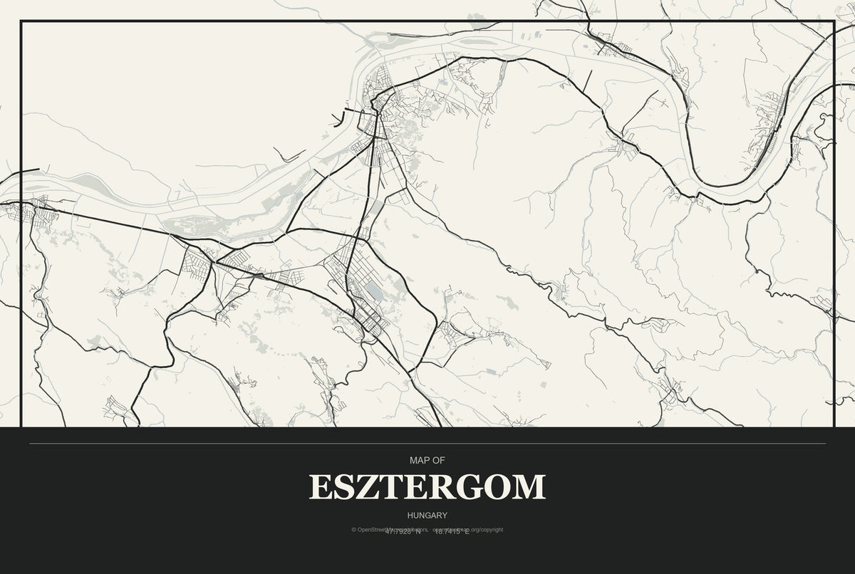 Esztergom, Hungary City Map Aluminum Sign in Museum Plaque style