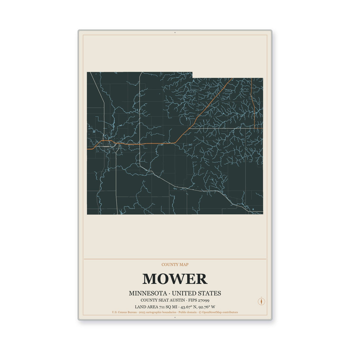 Mower County, Minnesota Map Aluminum Sign in Headline Atlas style
