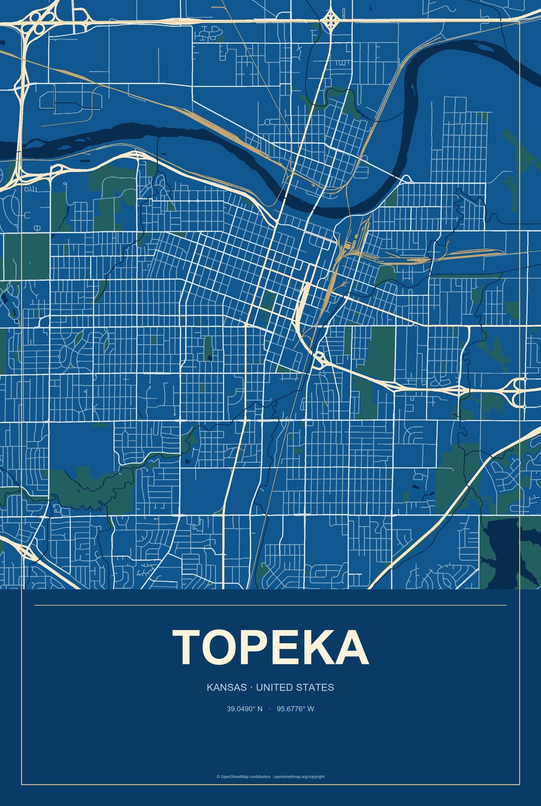 Topeka, Kansas City Map Aluminum Sign in Harbor Cobalt style