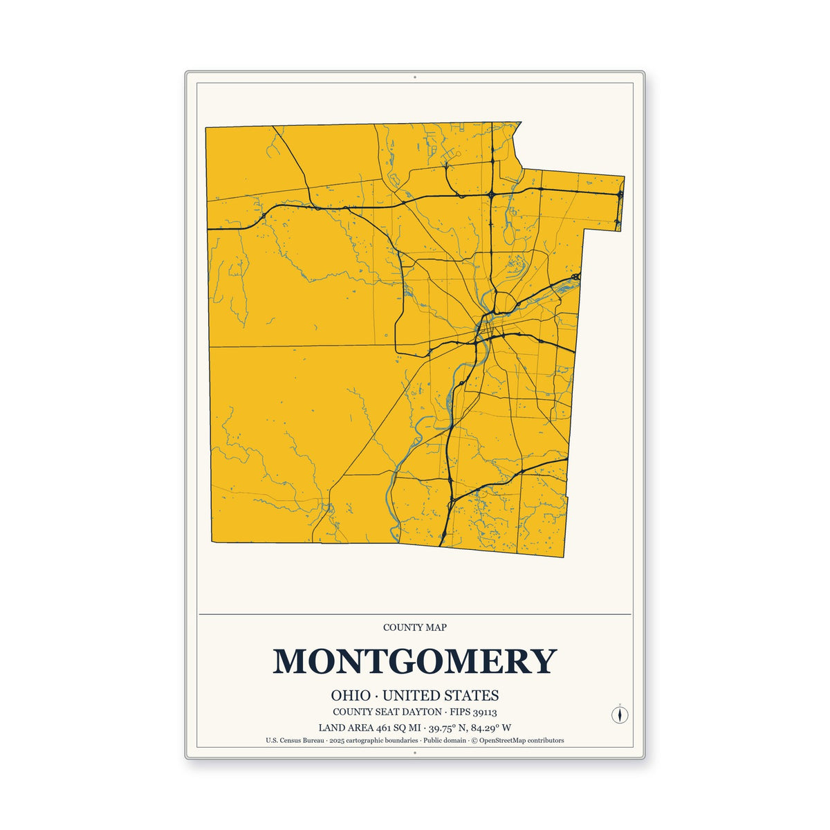 Montgomery County, Ohio Map Aluminum Sign in Citrine Modern style