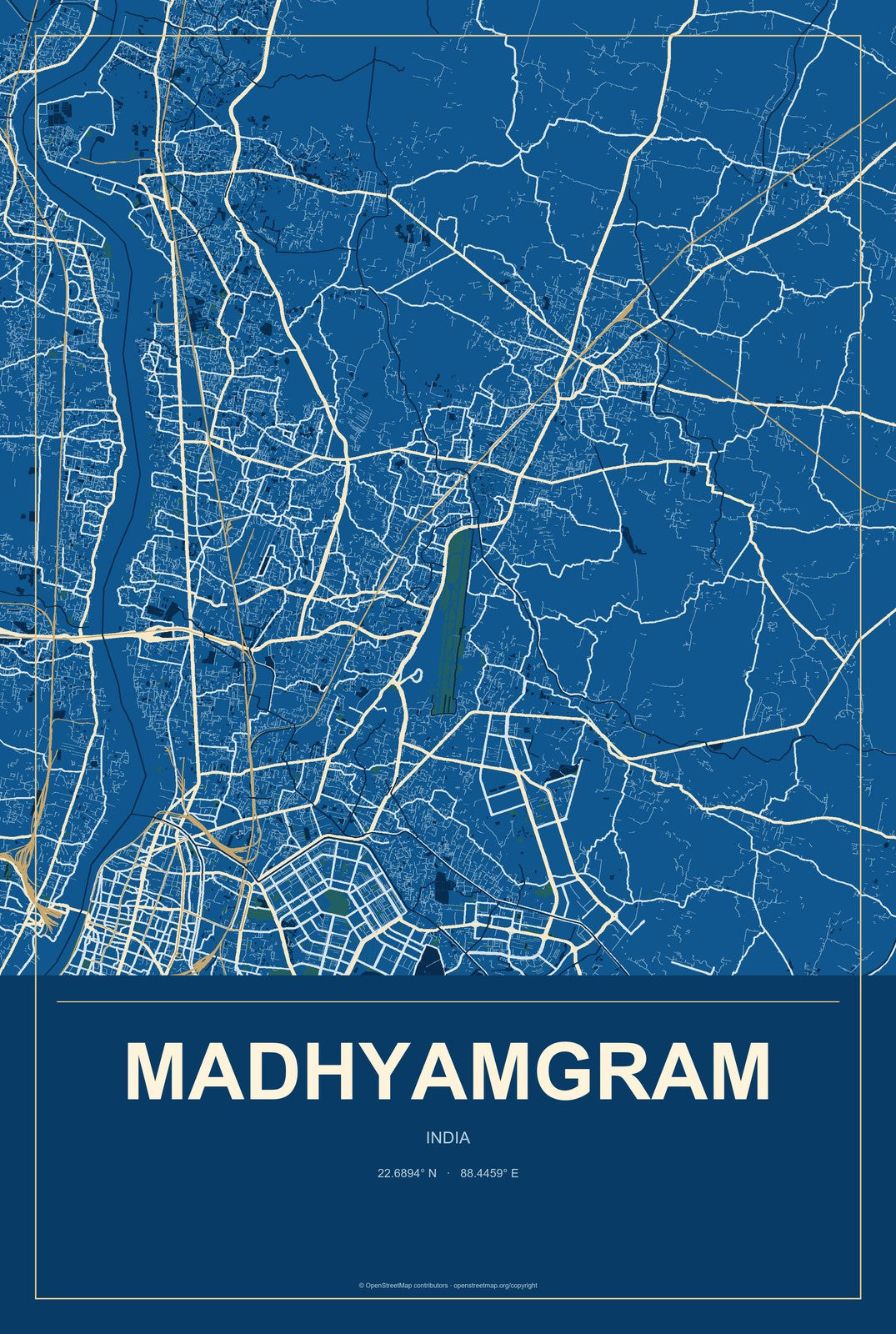 Madhyamgram, India City Map Aluminum Sign in Harbor Cobalt style