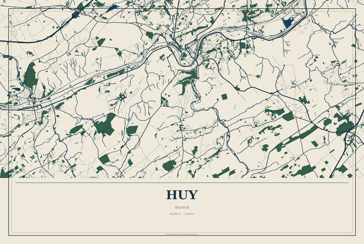 Huy, Belgium City Map Aluminum Sign in Coastal Cutout style