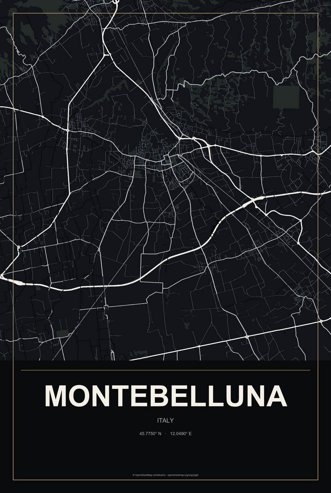 Montebelluna, Italy City Map Aluminum Sign in Metropolitan Noir style