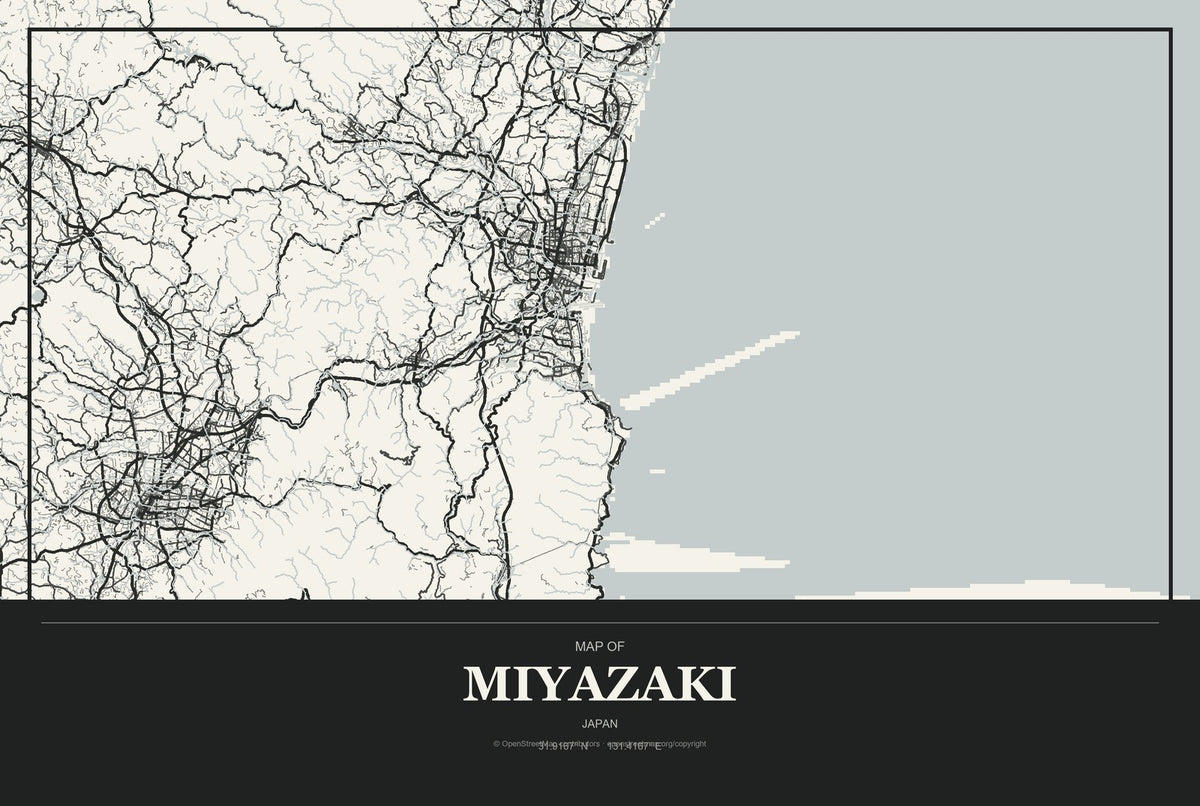 Miyazaki, Japan City Map Aluminum Sign in Museum Plaque style