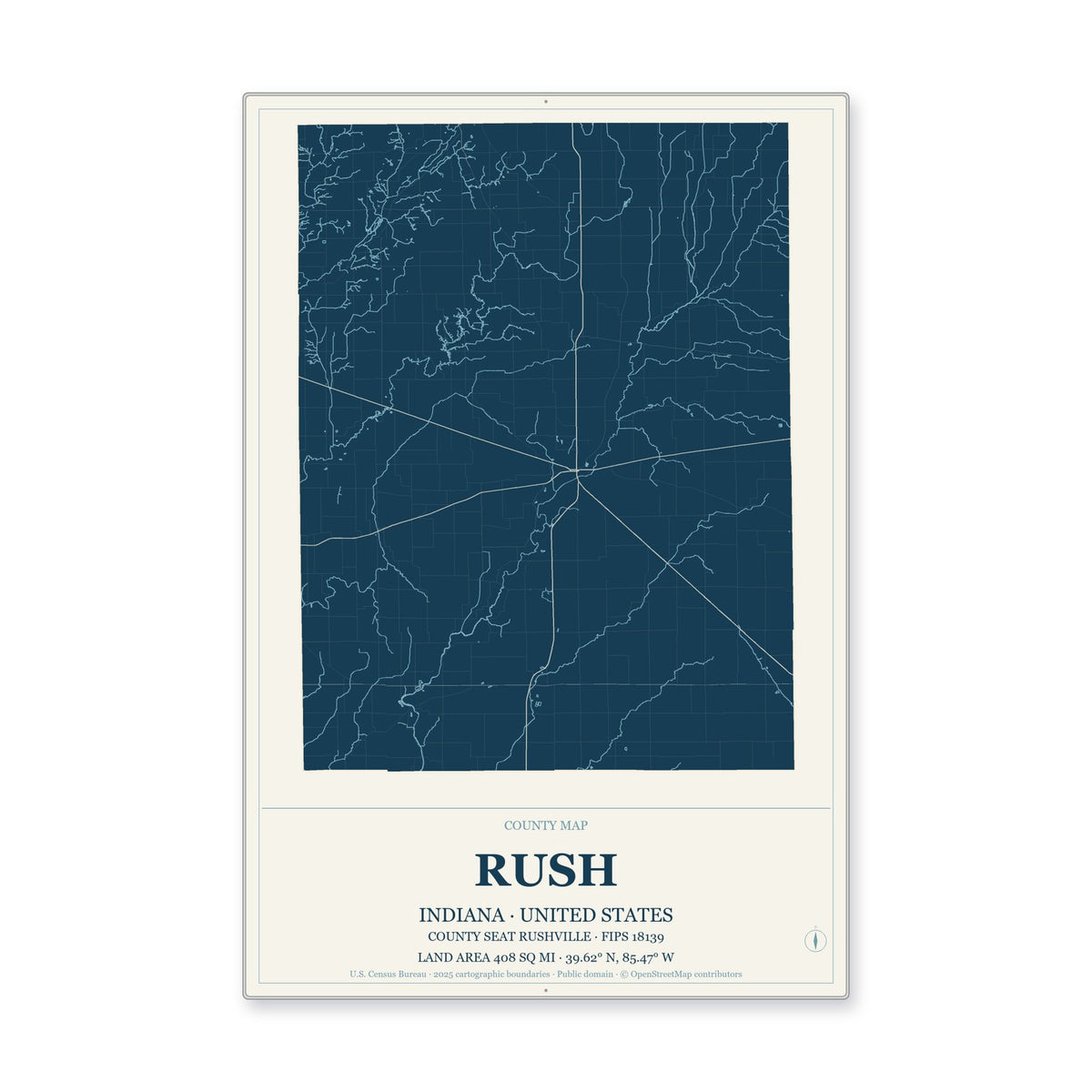 Rush County, Indiana Map Aluminum Sign in Coastal Cutout style