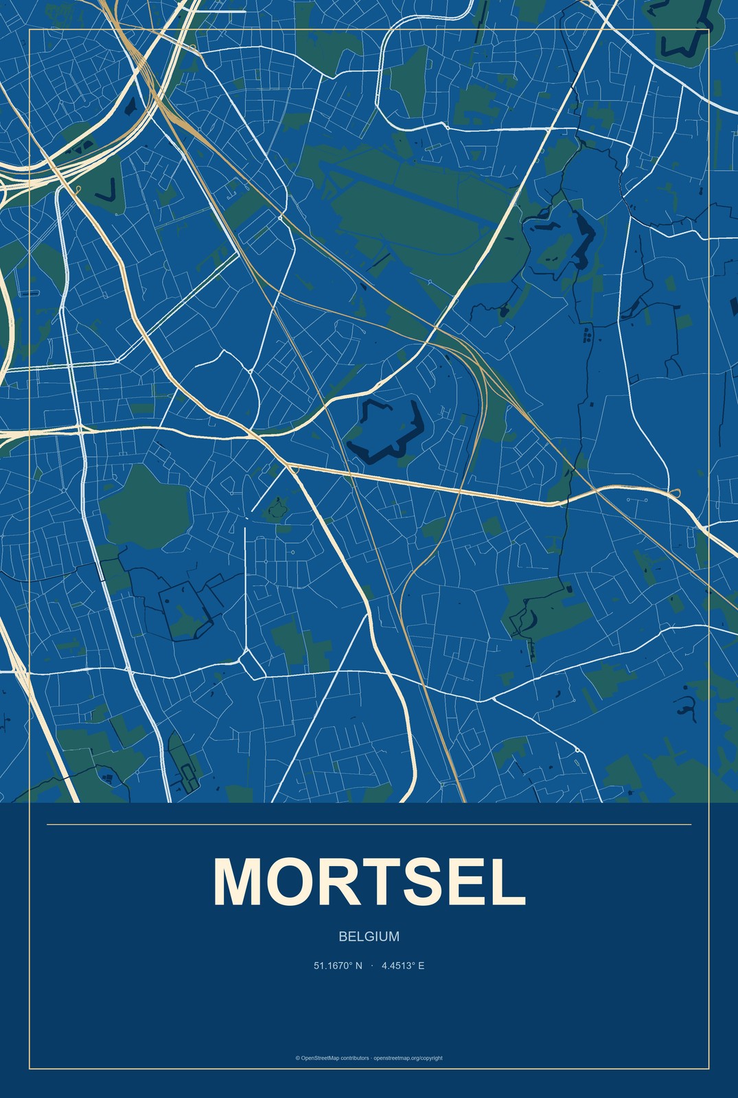 Mortsel, Belgium City Map Aluminum Sign in Harbor Cobalt style