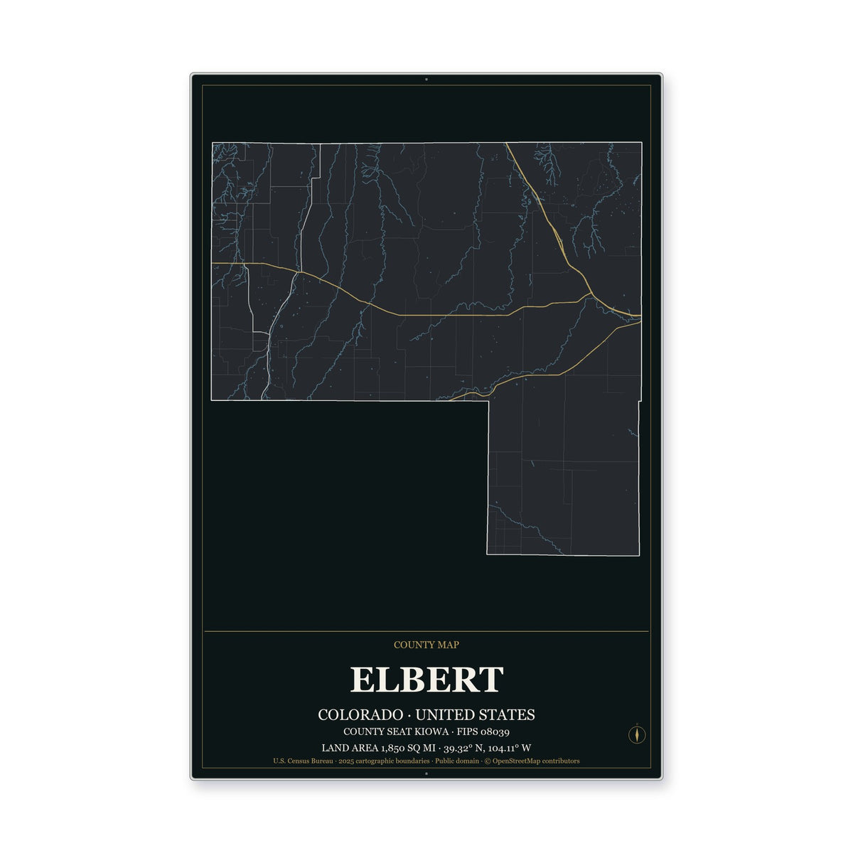 Elbert County, Colorado Map Aluminum Sign in Metropolitan Noir style