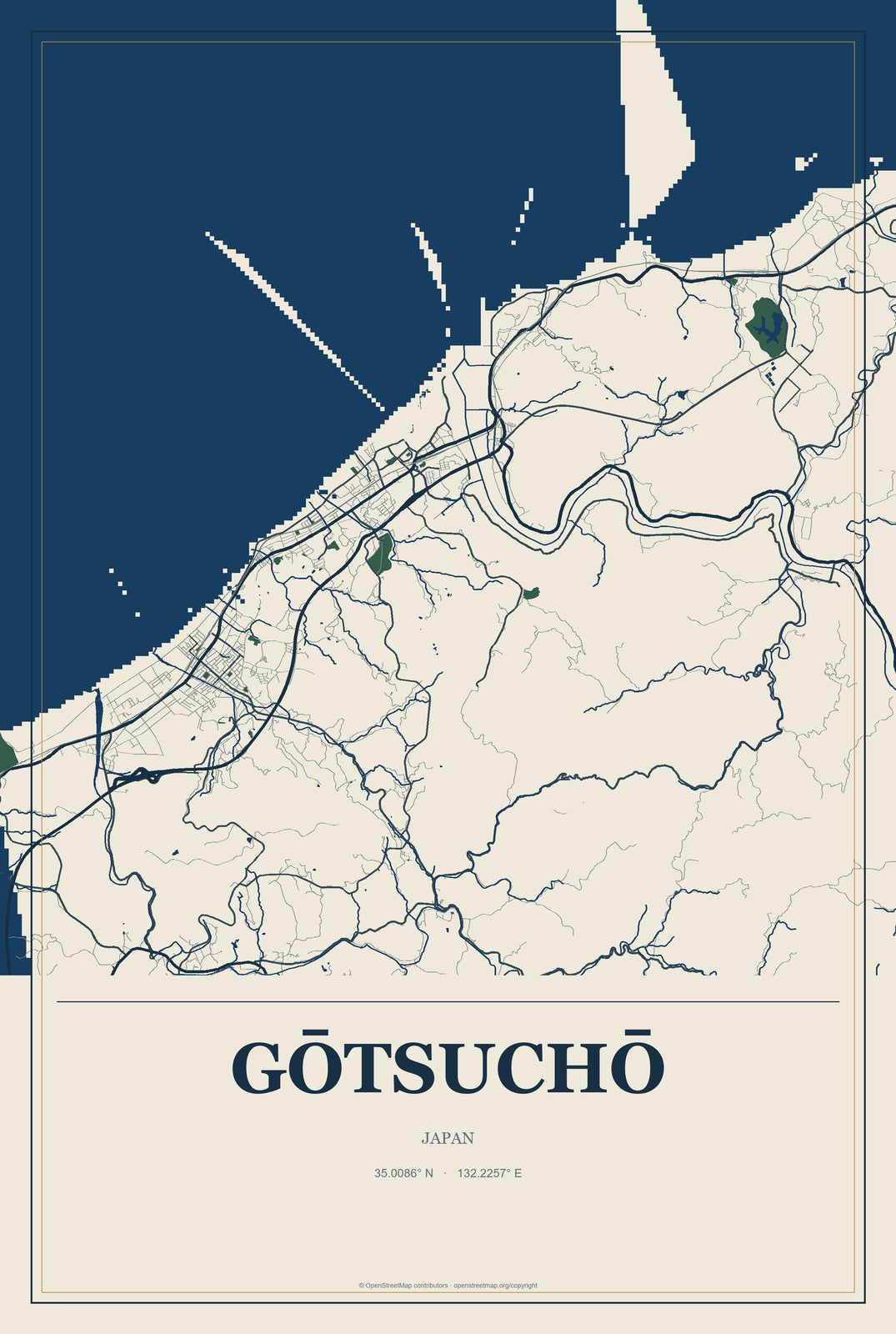 Gōtsuchō, Japan City Map Aluminum Sign in Coastal Cutout style