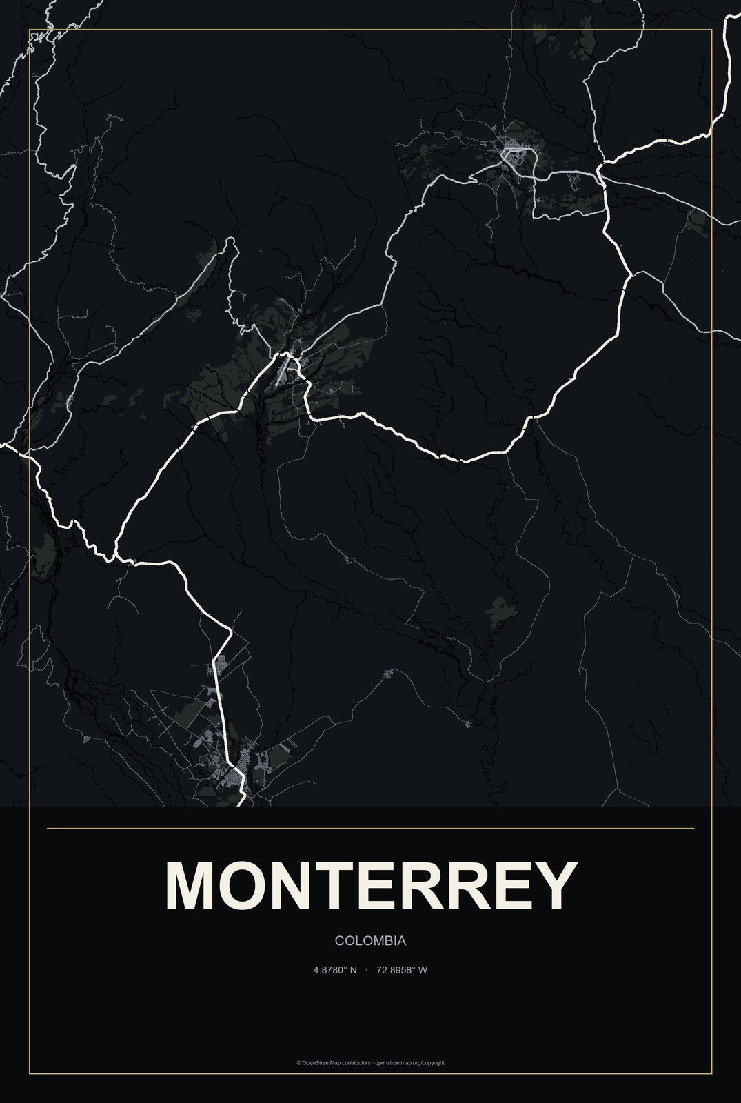 Monterrey, Colombia City Map Aluminum Sign in Metropolitan Noir style