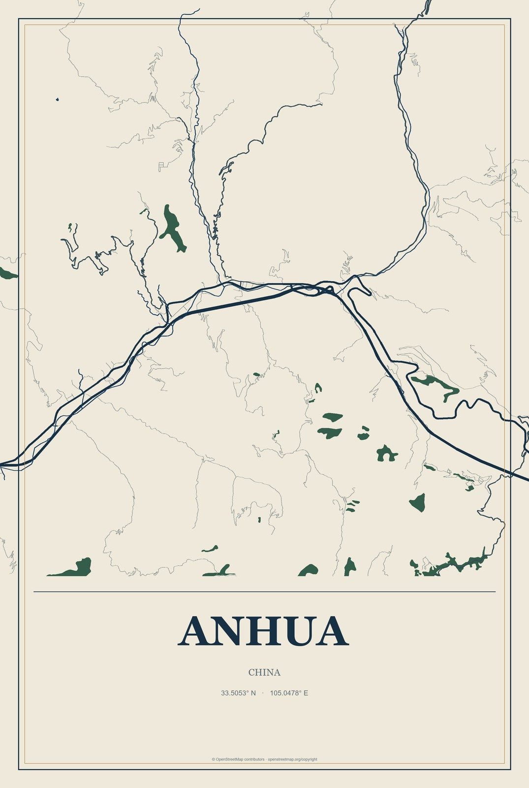Anhua, China City Map Aluminum Sign in Coastal Cutout style