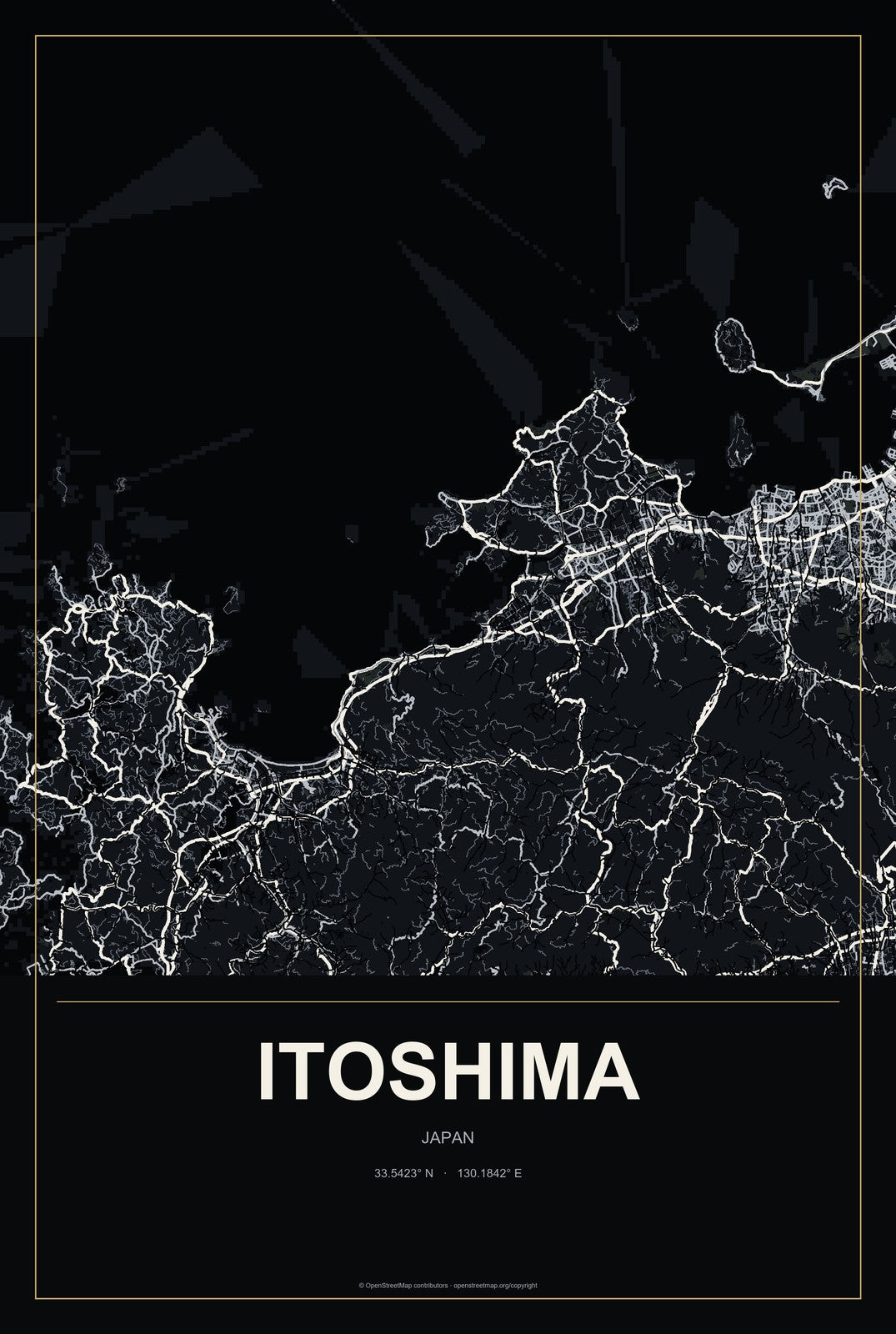 Itoshima, Japan City Map Aluminum Sign in Metropolitan Noir style