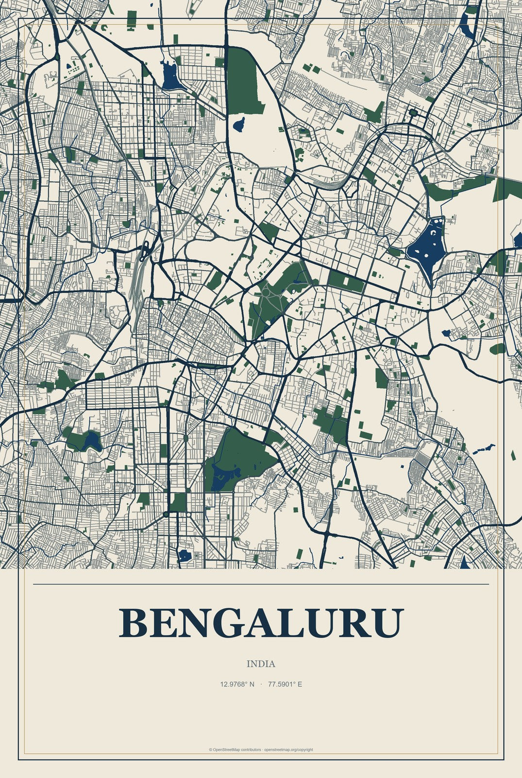 Bengaluru, India City Map Aluminum Sign in Coastal Cutout style