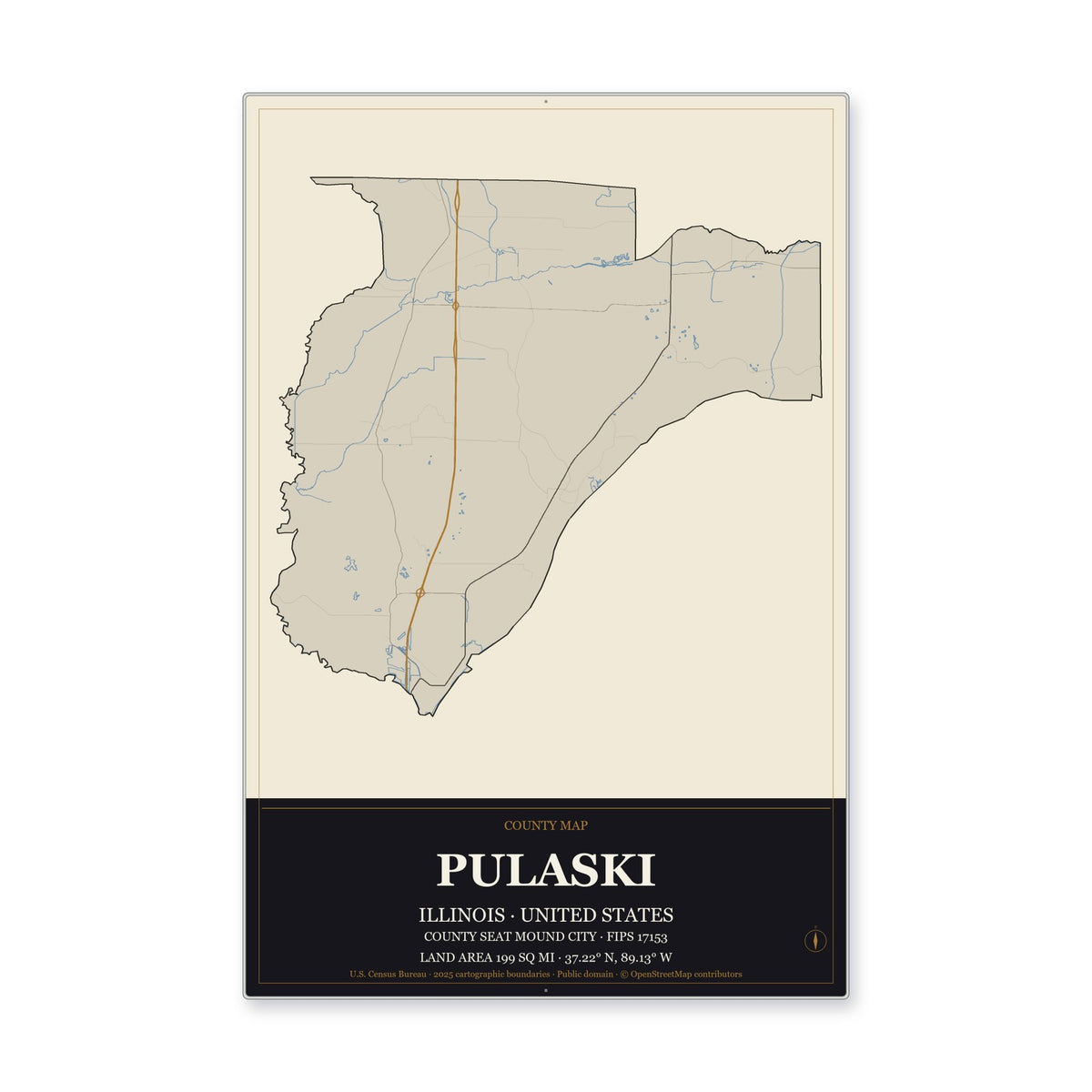 Pulaski County, Illinois Map Aluminum Sign in Museum Plaque style