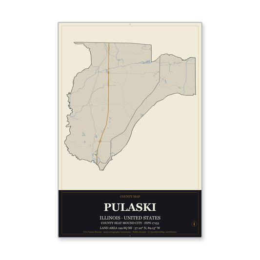 Pulaski County, Illinois Map Aluminum Sign in Museum Plaque style