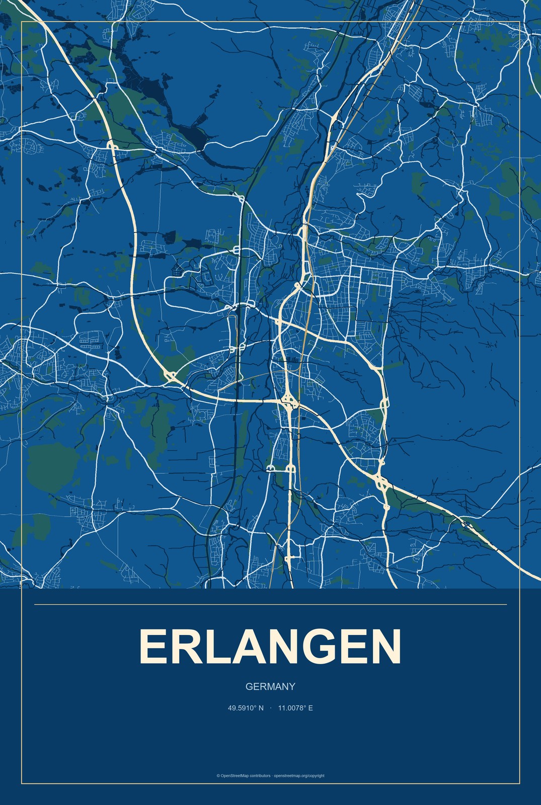 Erlangen, Germany City Map Aluminum Sign in Harbor Cobalt style
