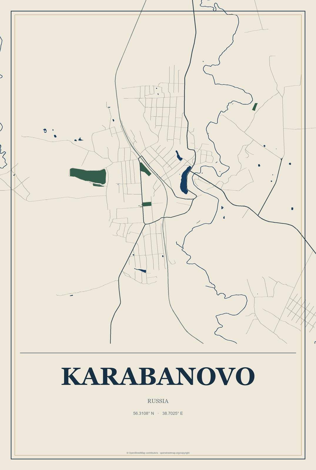 Karabanovo, Russia City Map Aluminum Sign in Coastal Cutout style