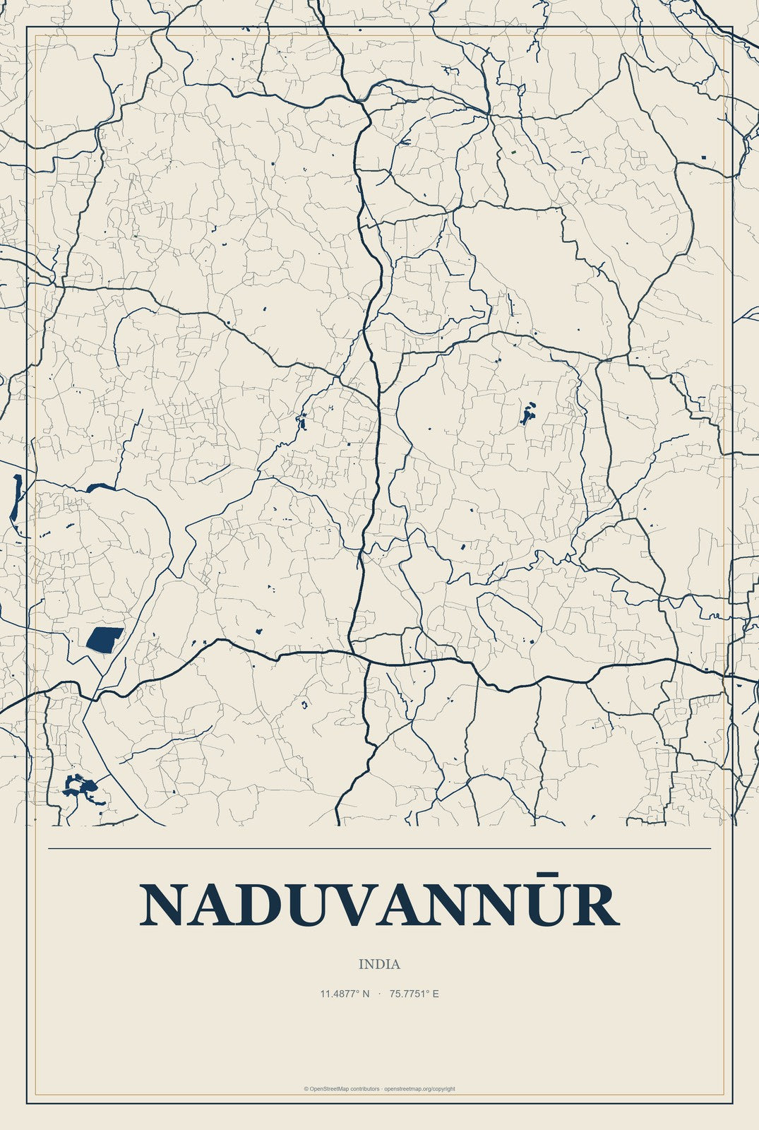 Naduvannūr, India City Map Aluminum Sign in Coastal Cutout style
