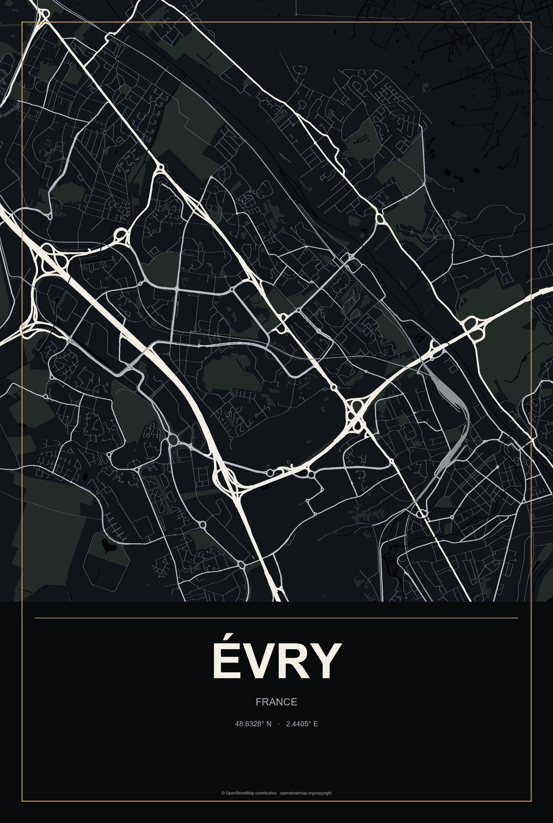 Évry, France City Map Aluminum Sign in Metropolitan Noir style