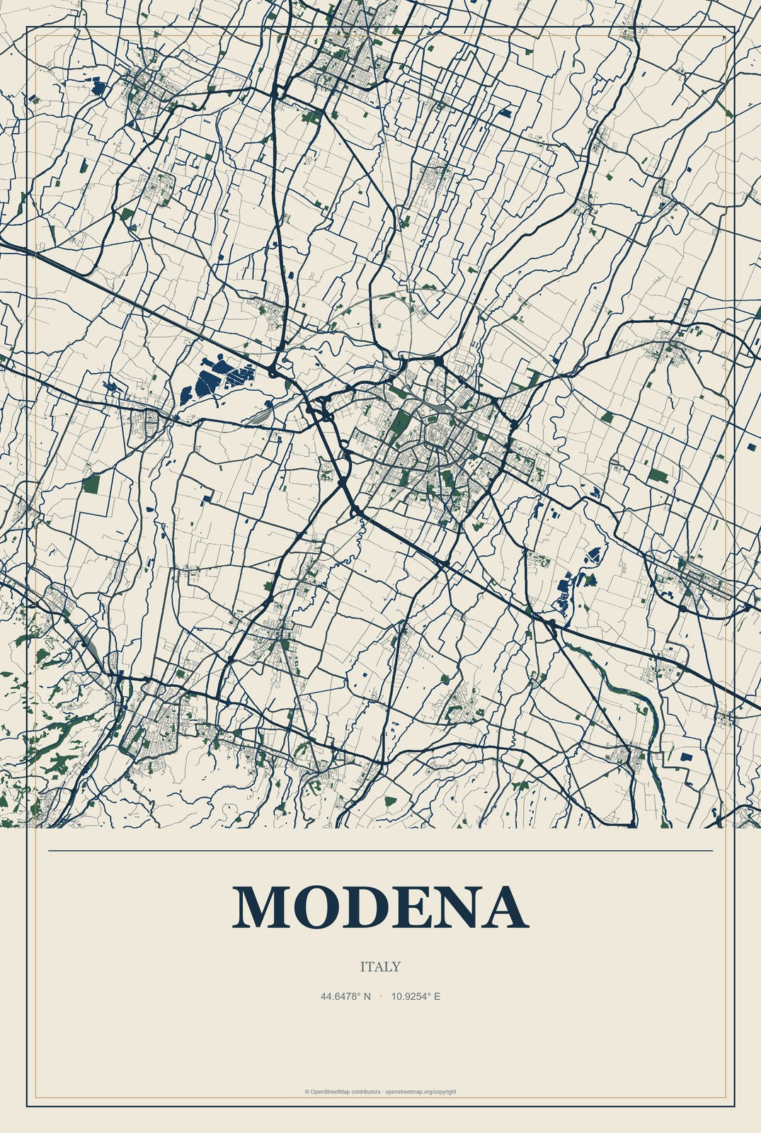 Modena, Italy City Map Aluminum Sign in Coastal Cutout style