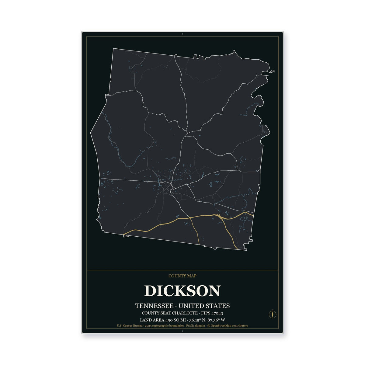 Dickson County, Tennessee Map Aluminum Sign in Metropolitan Noir style