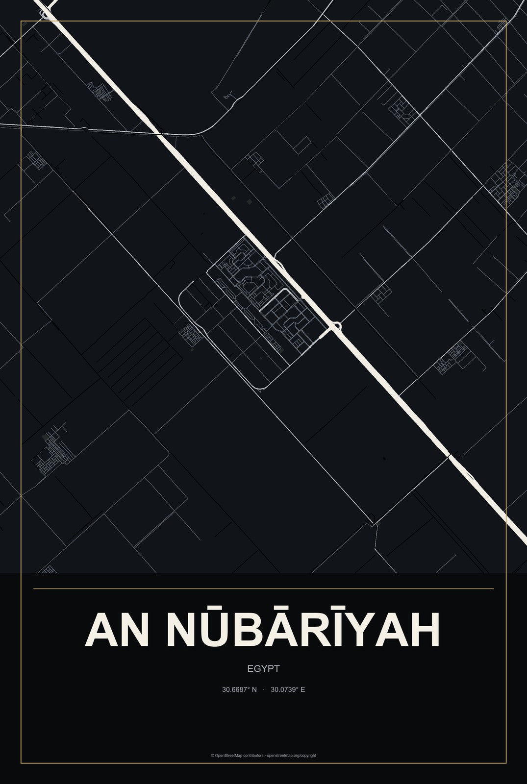 An Nūbārīyah, Egypt City Map Aluminum Sign in Metropolitan Noir style