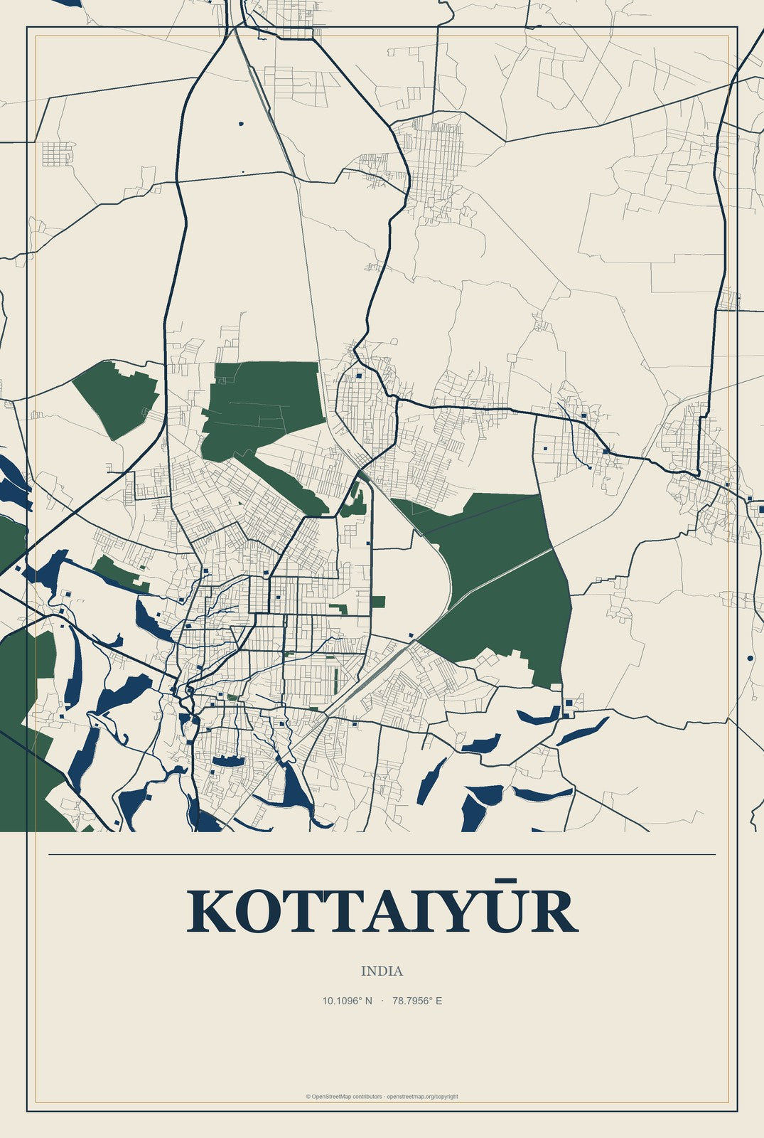 Kottaiyūr, India City Map Aluminum Sign in Coastal Cutout style