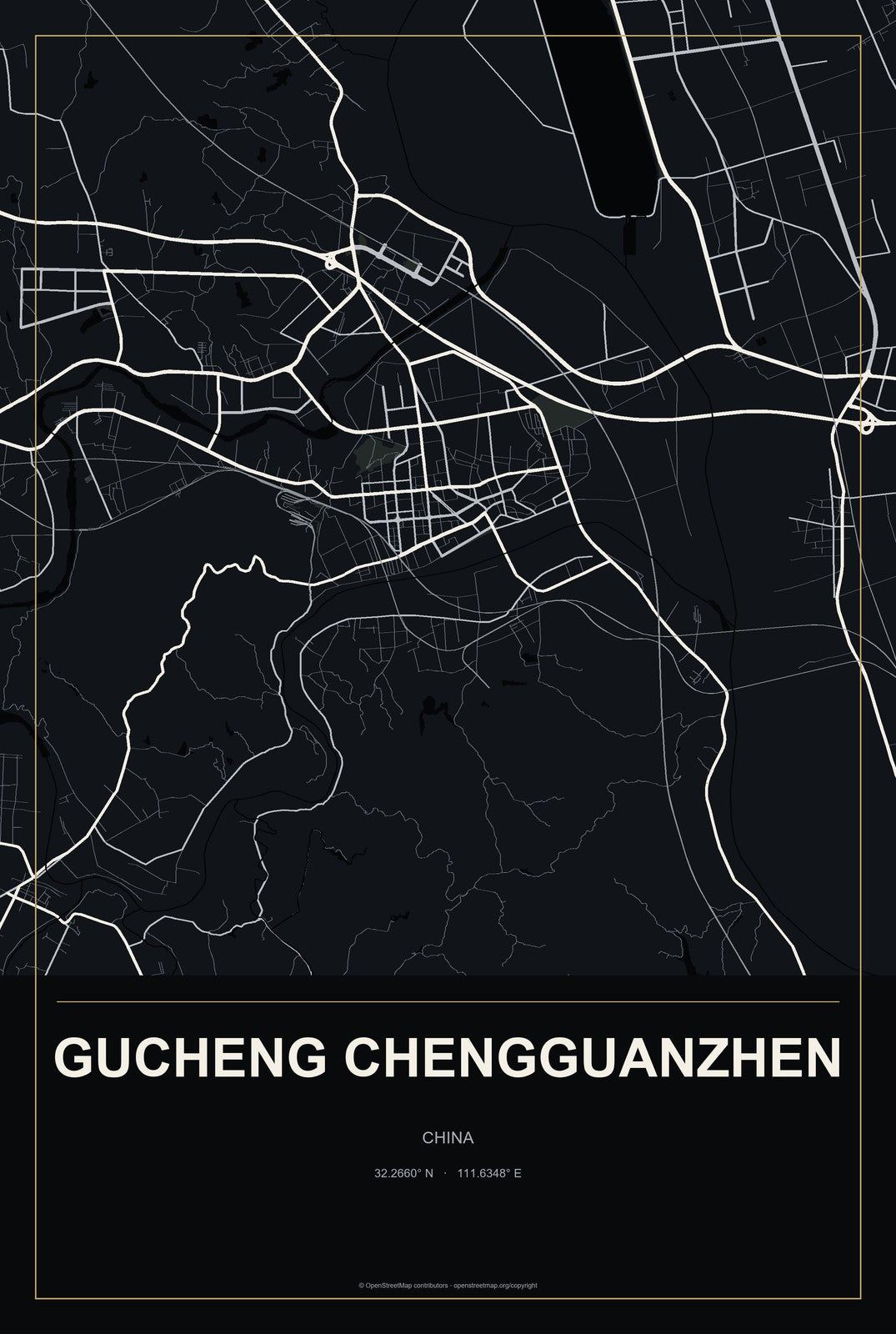 Gucheng Chengguanzhen, China City Map Aluminum Sign in Metropolitan Noir style