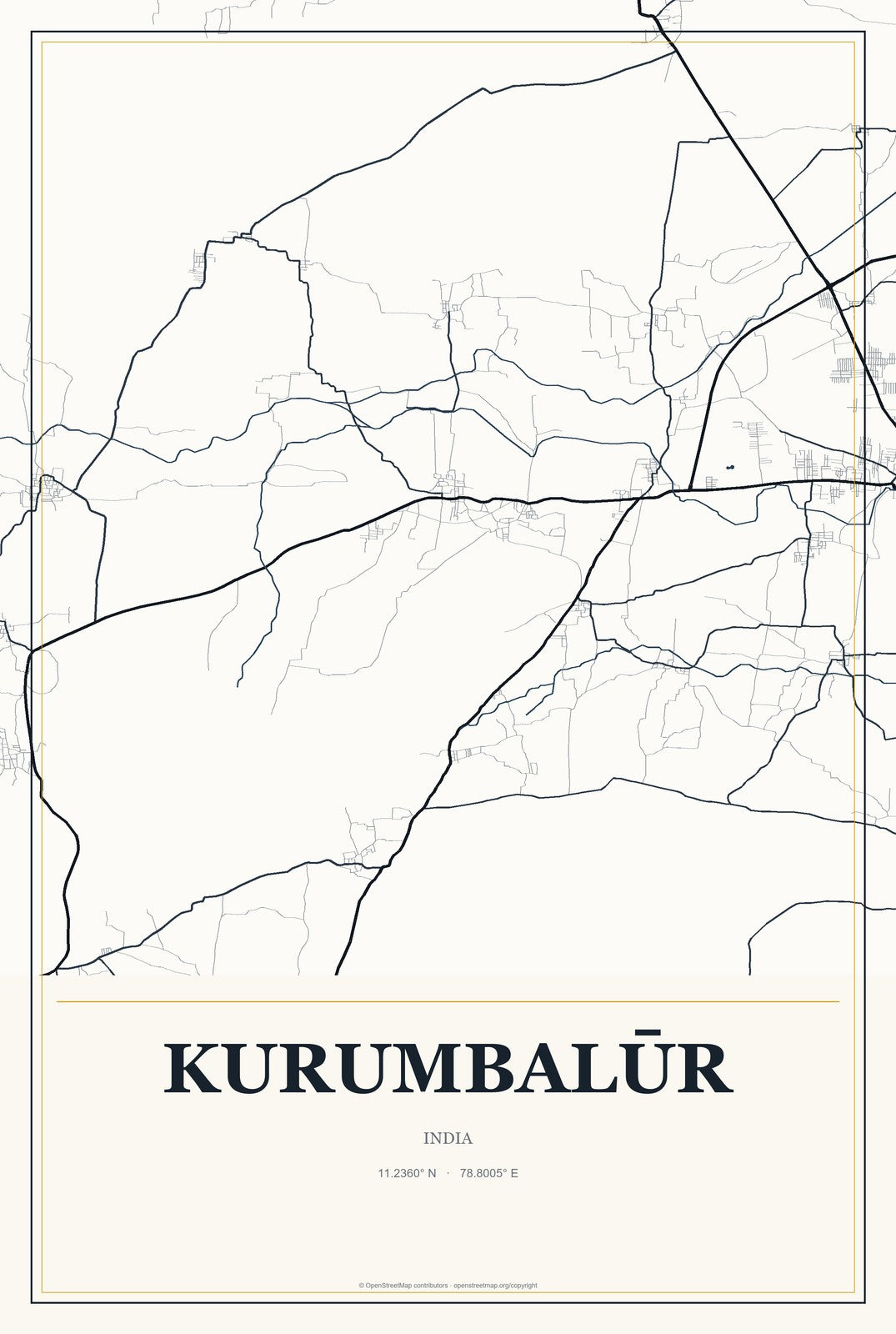 Kurumbalūr, India City Map Aluminum Sign in Citrine Modern style
