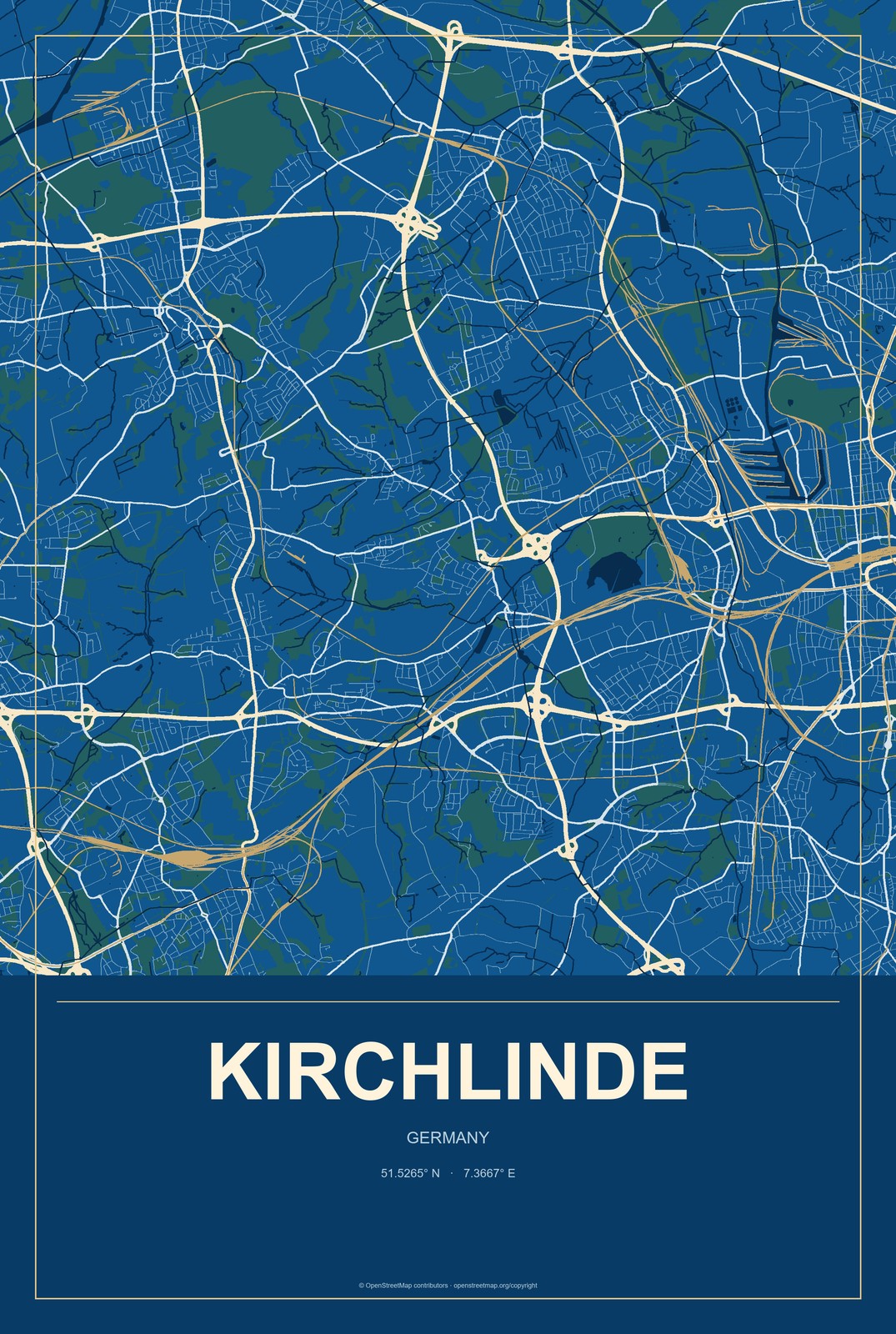 Kirchlinde, Germany City Map Aluminum Sign in Harbor Cobalt style