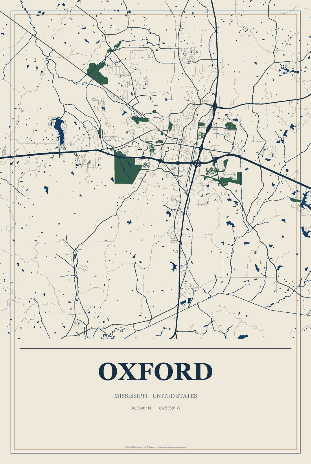 Oxford, Mississippi City Map Aluminum Sign in Coastal Cutout style