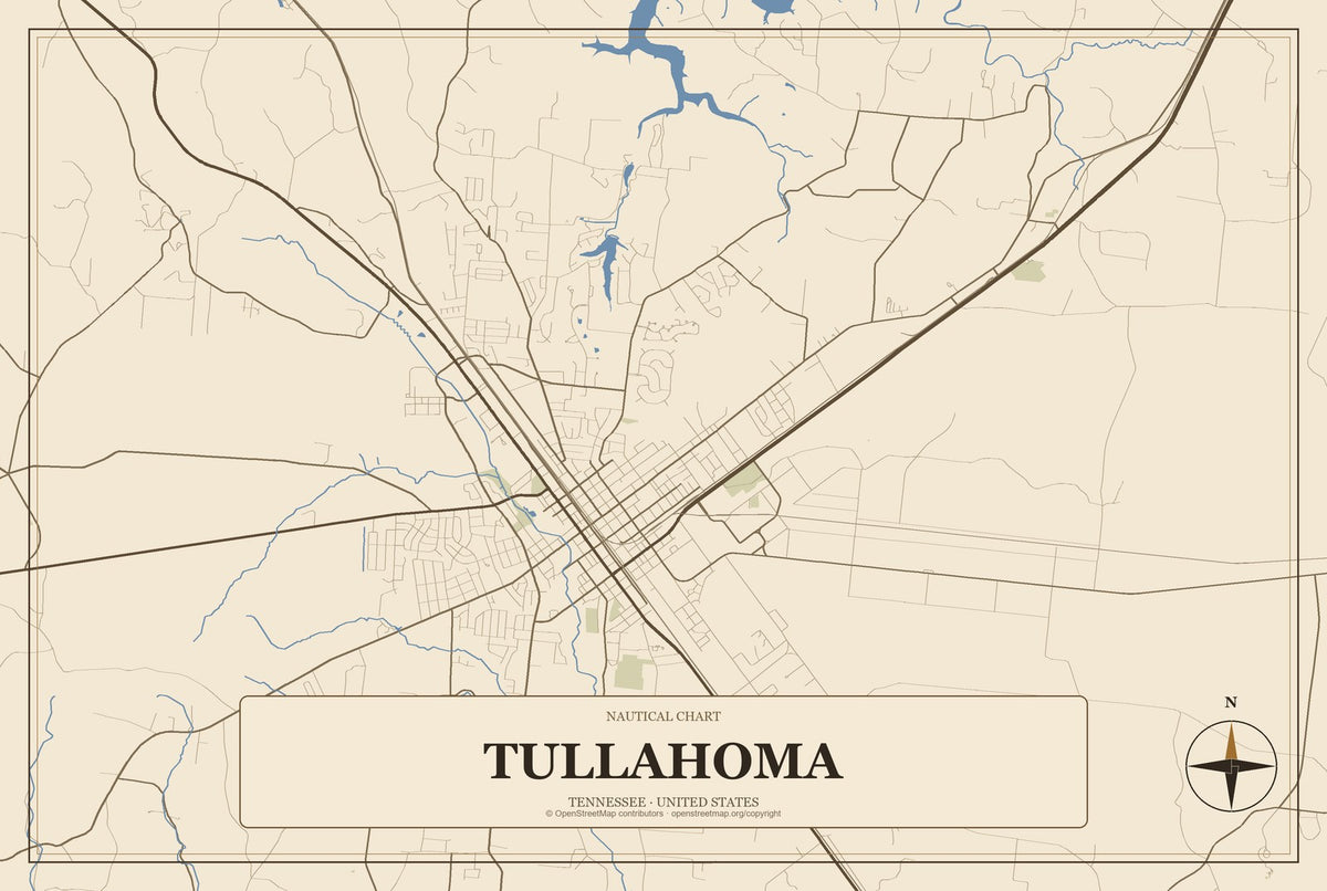 Tullahoma, Tennessee City Map Aluminum Sign in Heritage Nautical style