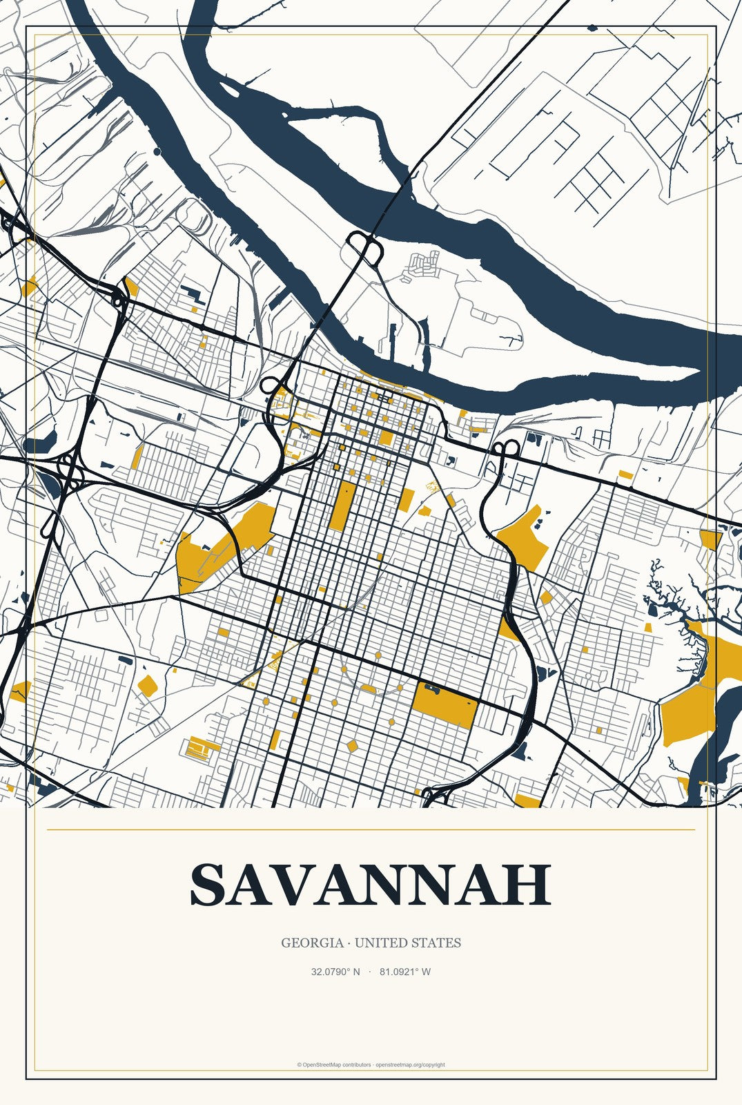 Savannah, Georgia City Map Aluminum Sign in Citrine Modern style