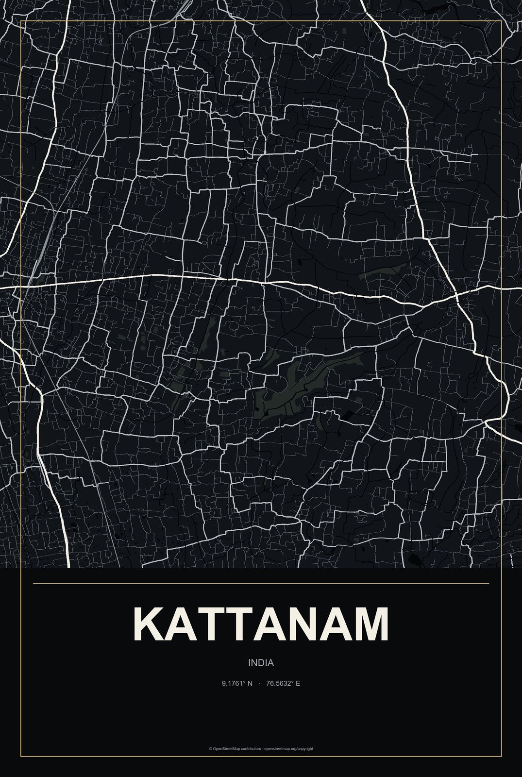 Kattanam, India City Map Aluminum Sign in Metropolitan Noir style