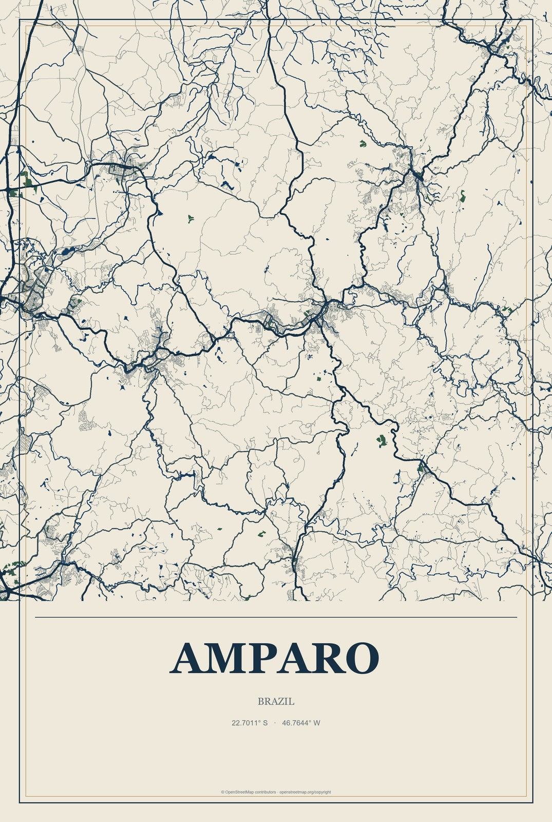 Amparo, Brazil City Map Aluminum Sign in Coastal Cutout style