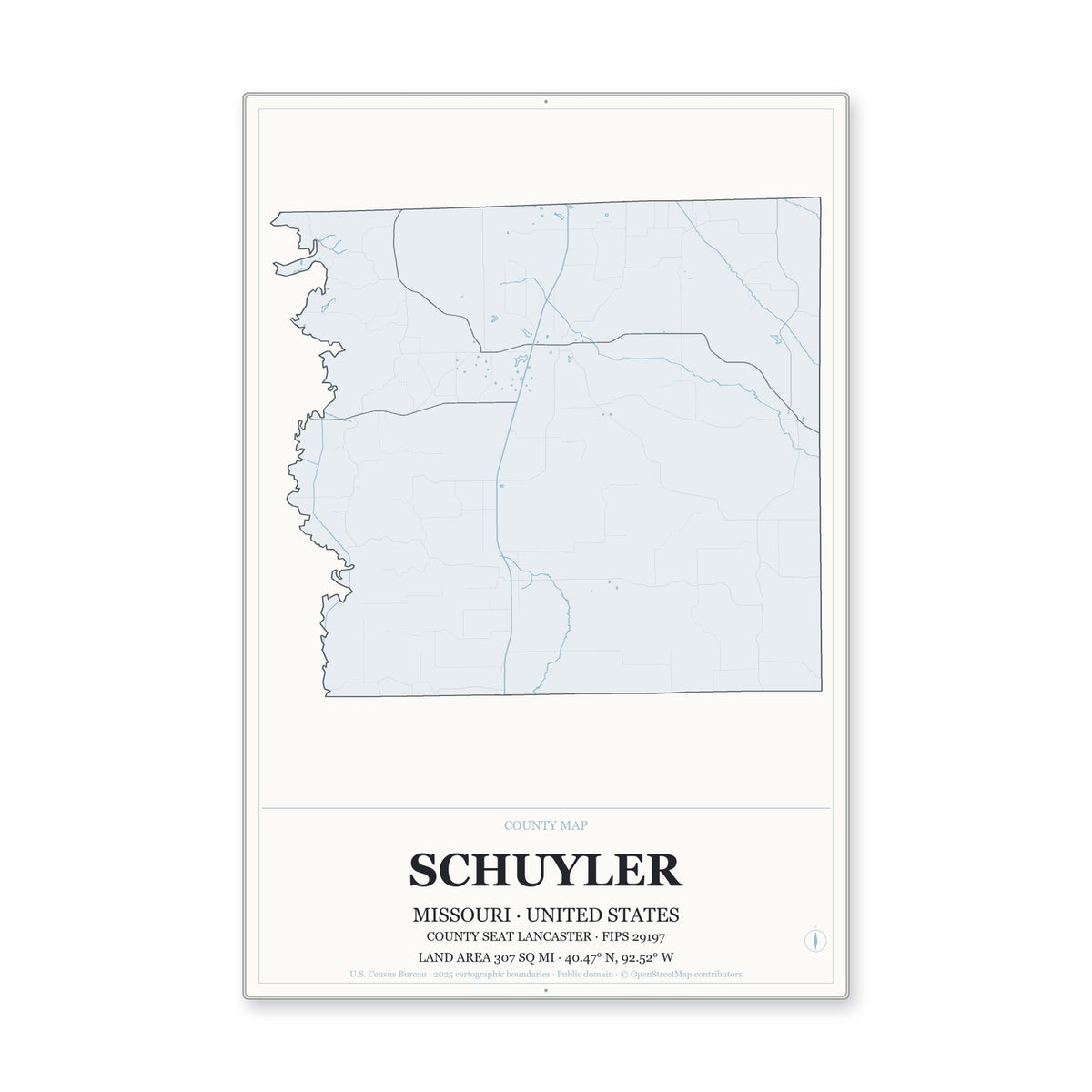 Schuyler County, Missouri Map Aluminum Sign in Gallery Air style