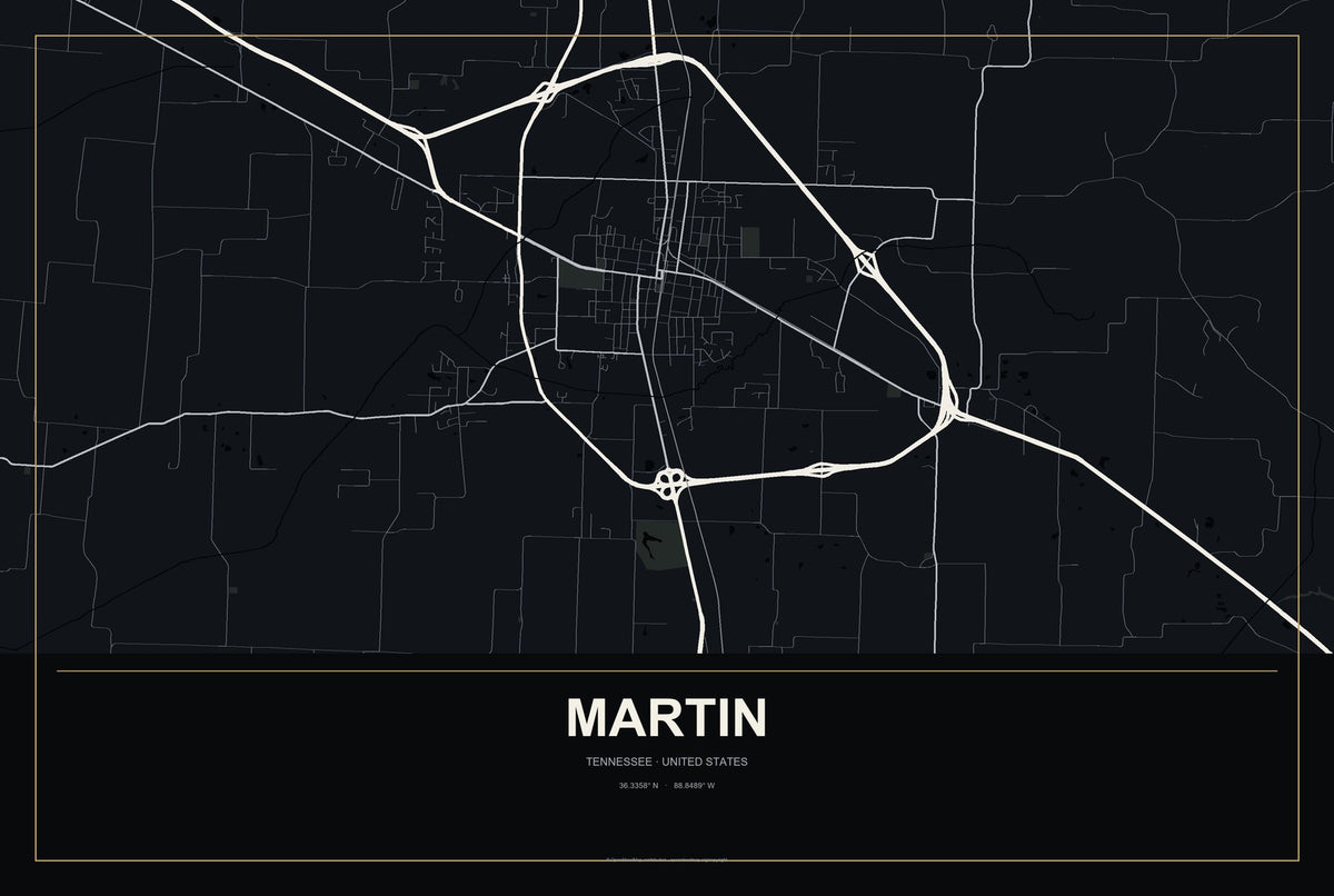 Martin, Tennessee City Map Aluminum Sign in Metropolitan Noir style