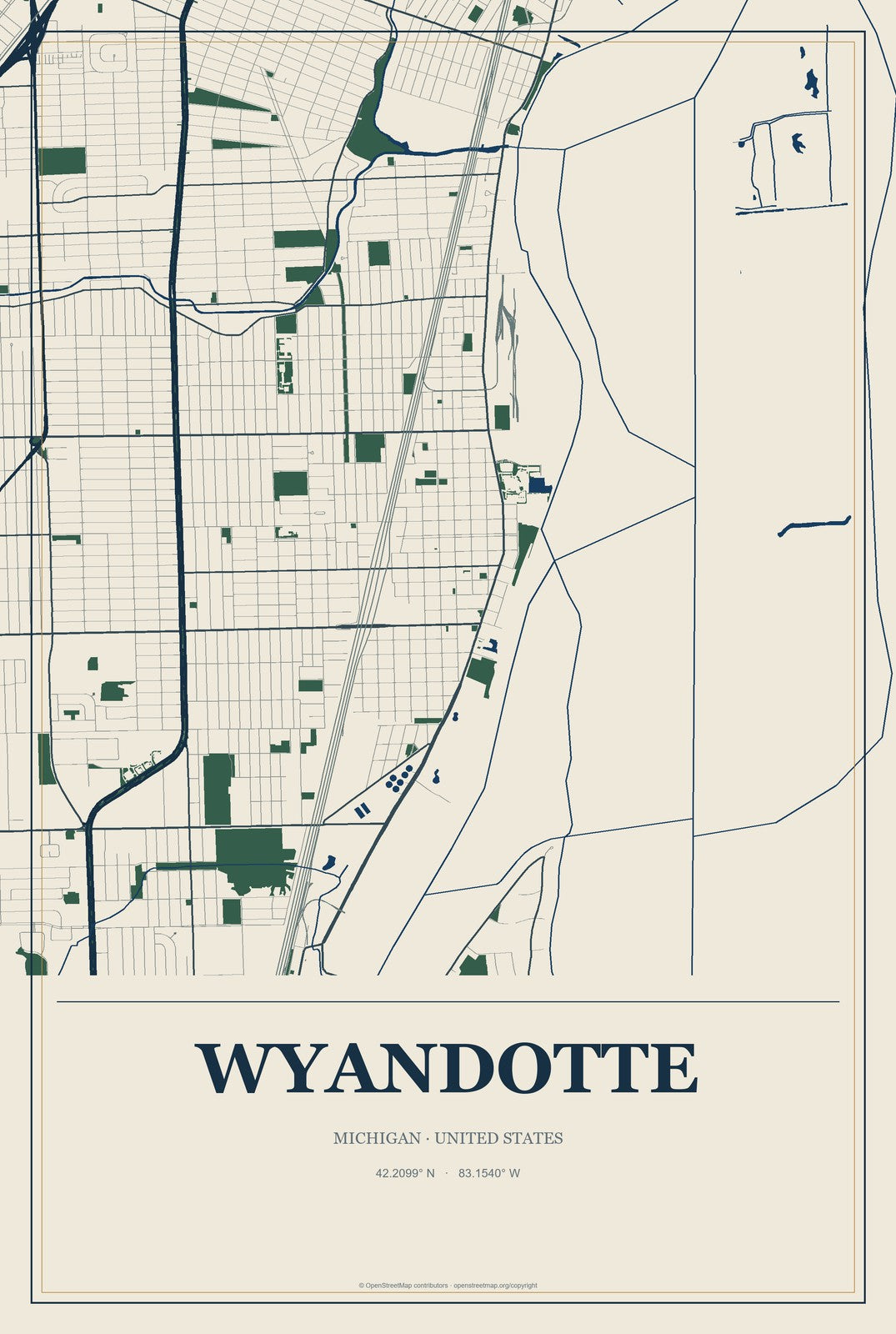 Wyandotte, Michigan City Map Aluminum Sign in Coastal Cutout style